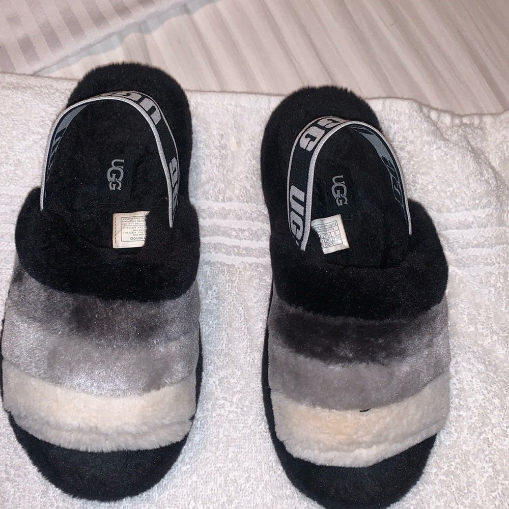 UGG Black and Gray Fluffy Slippers - Picture 2 of 4